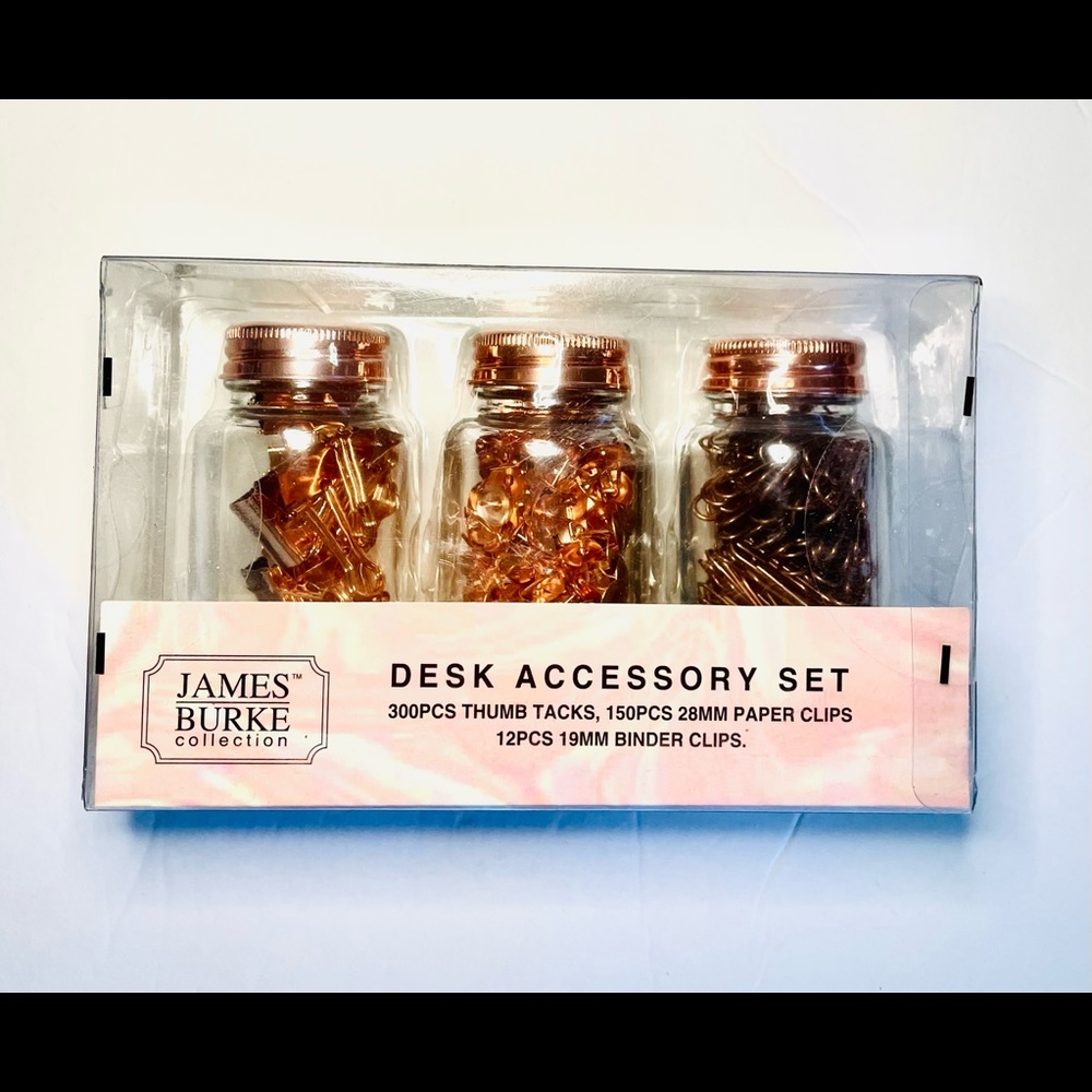 James Burke Rosegold  Office Set Paperclips, Thumb Tacks  & Binder Clips